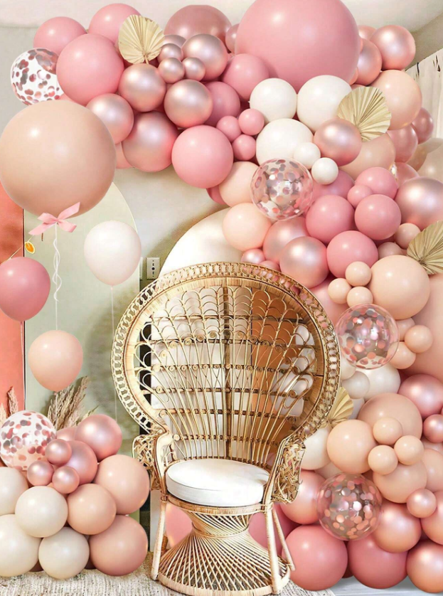 Комплект за арка 109 бр. балони в розово злато, златно хром, телесни и конфети /Ch/