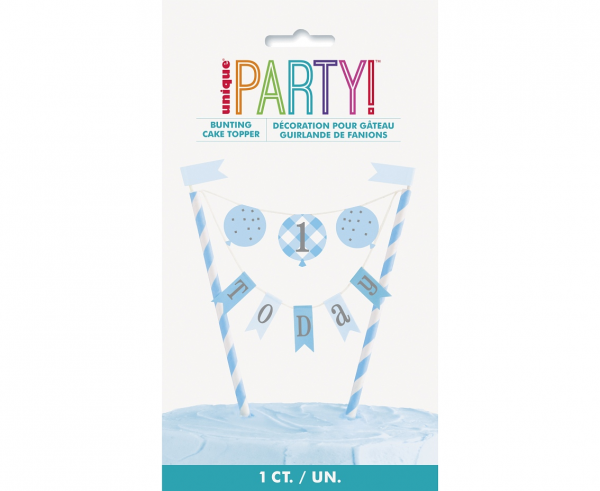 Декорация за торта Първи рожден ден в синьо райе / Cake Topper First Birthday Gingham /Gd/