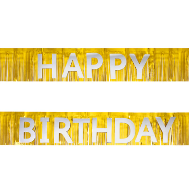 Банер Happy Birthday, златни ресни и сребърни букви /Pp/