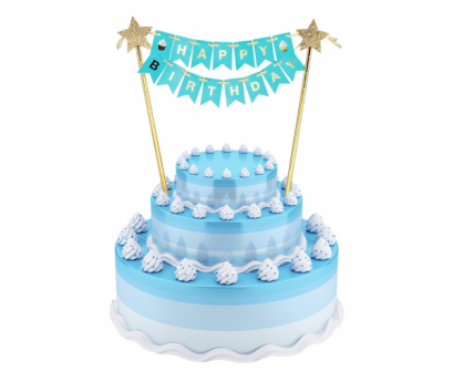 Декорация за торта в светло синьо, златно и брокат с текст Happy Birthday, 25см /Gd/