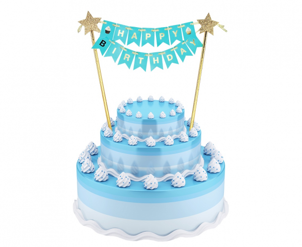 Декорация за торта в светло синьо, златно и брокат с текст Happy Birthday, 25см /Gd/