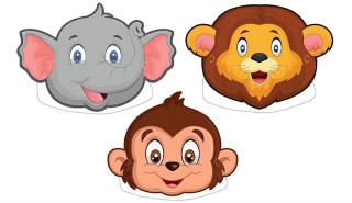 Парти маски Животни, сафари, джунгла, /лъв, слон, маймуна/, 6 бр. в пакет