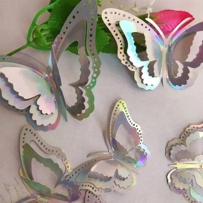 3D пеперуди за декорация, сребърни, 6 броя /Km/