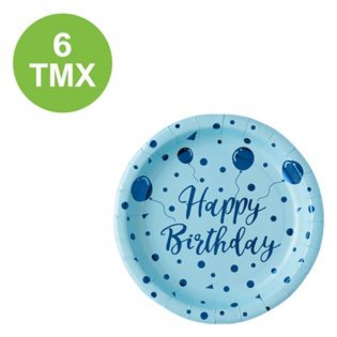 Хартиена чинийка с блестящ надпис в синьо Happy Birthday и балони, 23см 6 бр. в опаковка /mb/