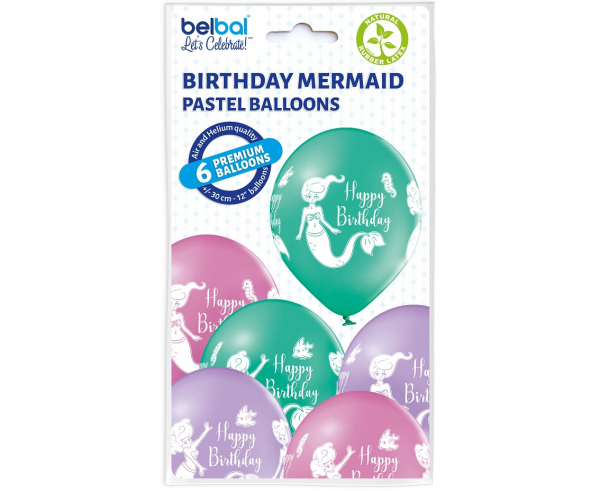 Комплект 6 бр. премиум балони с печат Русалка Happy Birthday / Mermaid, микс пастелни цветове Belbal /Gd/