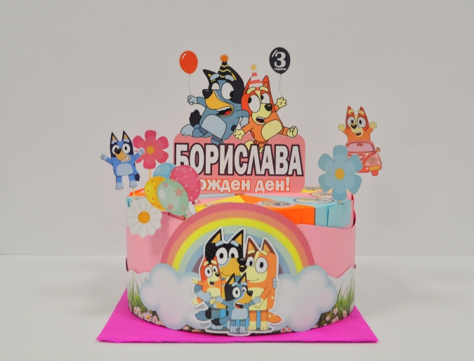 3Д Хартиена торта с декорация и персонализация Блуи и Бинго