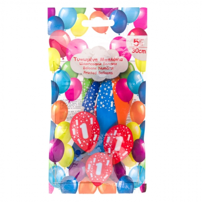 Комплект 5 бр. латексови балони с печат цифра 1, микс цветове /mb/