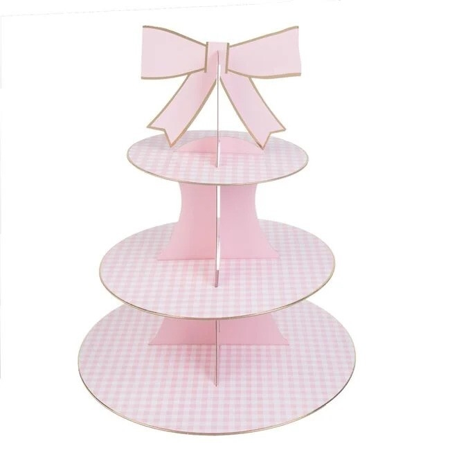 Стойка за мъфини розово каре, с панделка и златен кант /Mb/