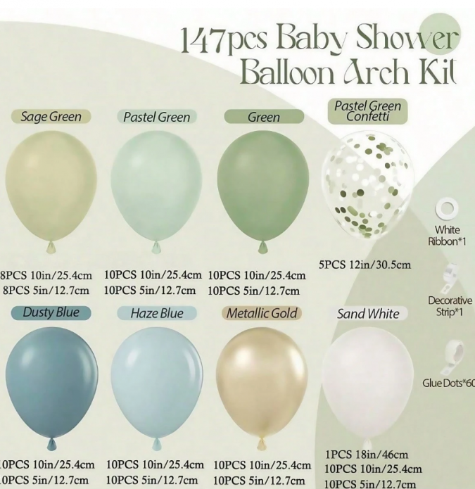 Комплект за арка 147 бр. балони в зелено мента, нежно синьо, бяло и златно хром /Ch/
