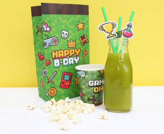 Картонени сламки Геймърски рожден ден, Майнкрафт, Game On 19,5 см, 8 бр. /Gd/