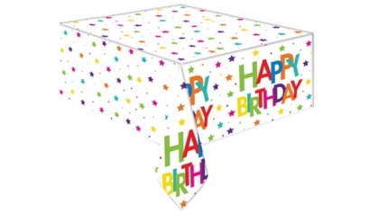 Парти покривка Happy Birthday, бяла с цветни надписи 120х180 см /Tr/