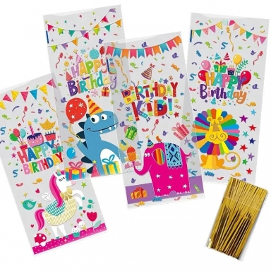 Подаръчни торбички целофан, животни Happy Birthday, 27х12,5см, 50бр. /Pe/