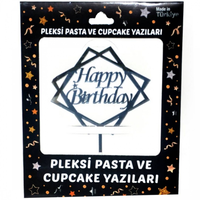 Декорация за торта с текст Happy Birthday в сребърно, 12х14см /Tr/