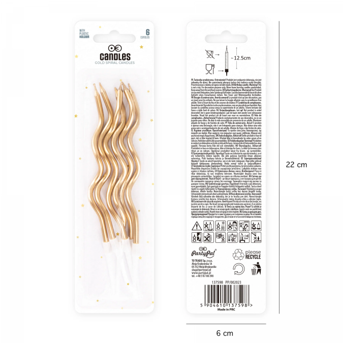 Свещи за торта спирали, 6бр., цвят злато, 12,5см /Pp/