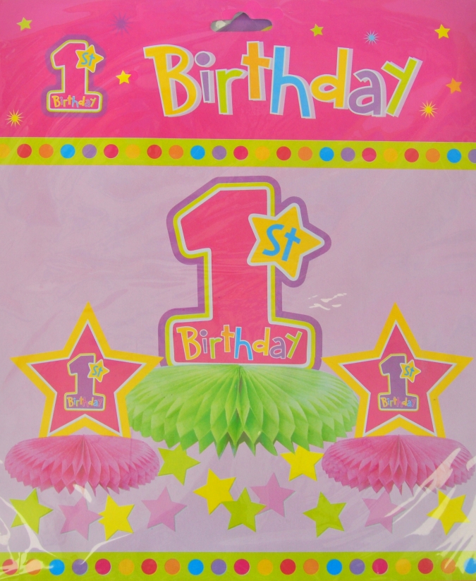 Украса за маса /тип пчелна пита/ Момиче, с надпис 1st Birthday /Tr/