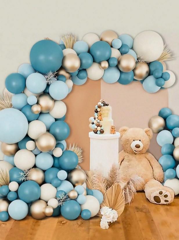 Комплект с балони тип арка, 134бр. балони в бяло, синьо, тюркоаз и златно хром /Ch/