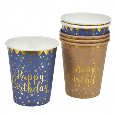 Хартиена чашка в крафт и синьо Happy Birthday в златно, 6 бр. в пакет /Mb/