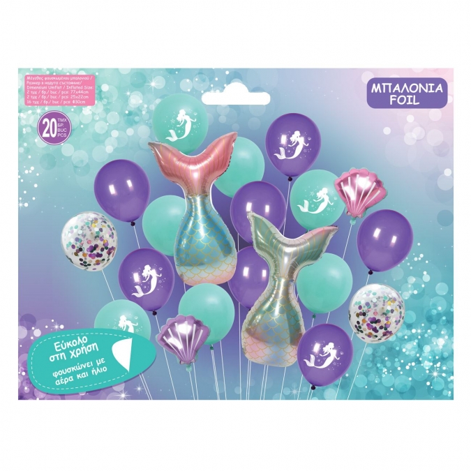 Комплект 20 бр. фолиеви и латексови балони, Русалка, опашка, мида, морска тема /mb/