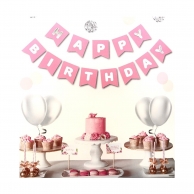 Банер гирлянд Happy Birthday, цвят розов пастел с холограмни букви, /Tr/