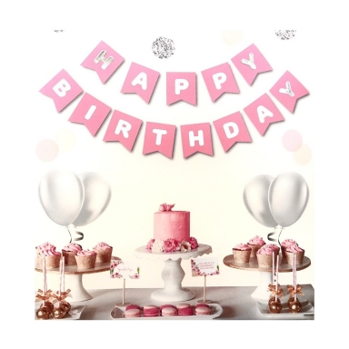 Банер гирлянд Happy Birthday, цвят розов пастел с холограмни букви, /Tr/