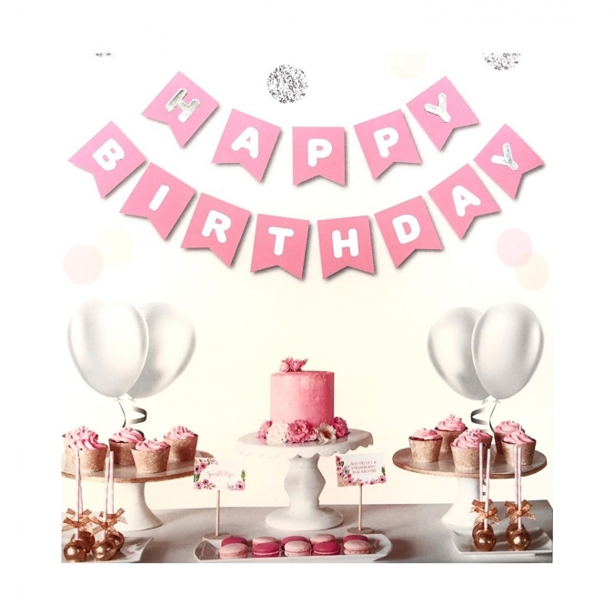 Банер гирлянд Happy Birthday, цвят розов пастел с холограмни букви, /Tr/