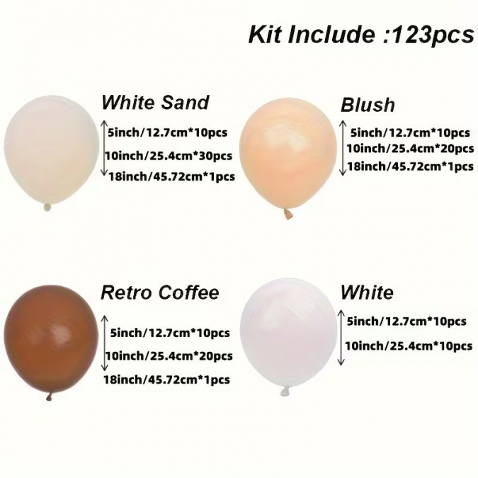 Комплект за арка 123 бр. балони в кафяво, бяло и лате /Tm/