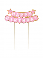 Декорация за торта с текст Happy Birthday в розово и златно, 18х22см /Tr/