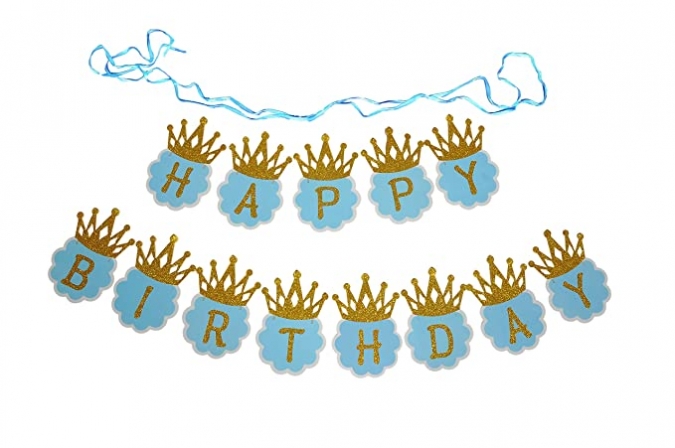 Банер комплект Happy Birthday, в синьо и златно брокат с корони