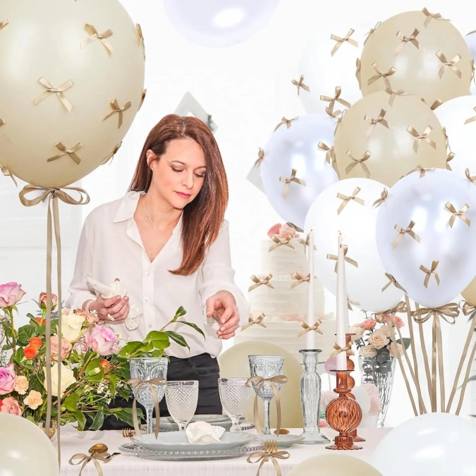 Комплект 41 бр. балони в лате, бяло и шампанско с панделки /Pe/