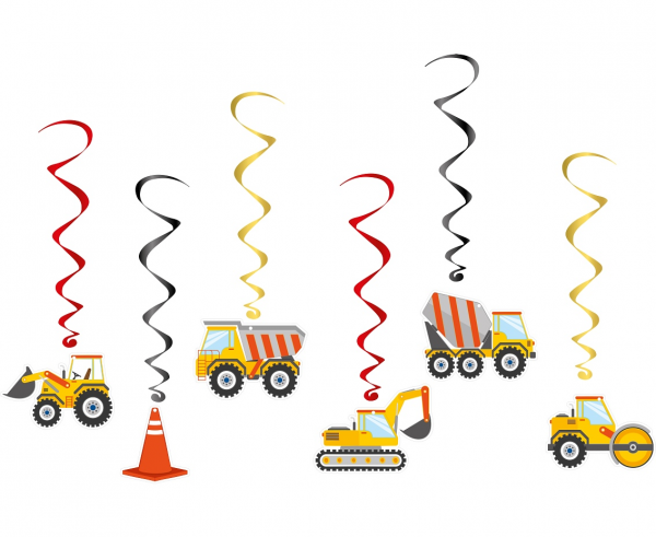 Висяща декорация тип спирали - Строителни машини, фадрома, багер, бетоновоз, камион, 6бр. в опаковка /Gd/