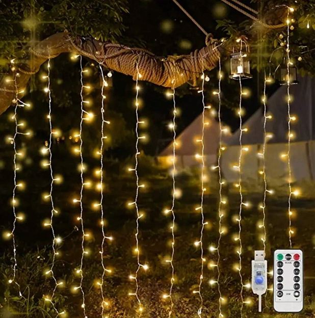 Светеща завеса за декорация от 300 LED лампички 3х3м,  топла бяла светлина /Ch/