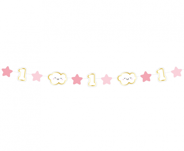 Банер гирлянд за декорация с текст First Birthday / Първи рожден ден, 1,20 м дължина, цвят розов момиче /Gd/