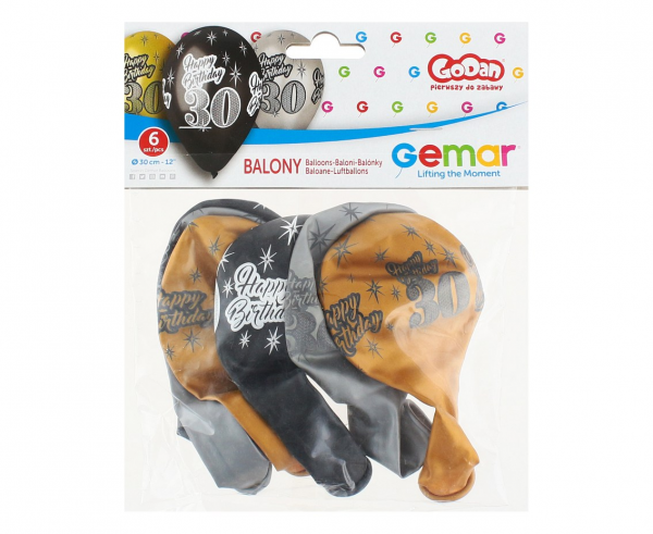 Комплект 6 бр. балони металик с печат 30 години Happy Birthday, микс цветове Gemar /Gd/