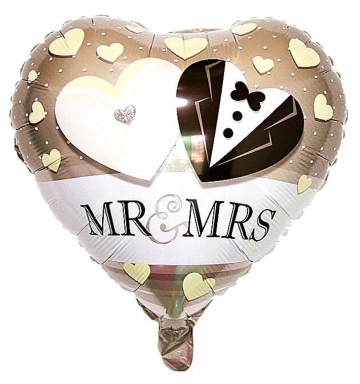 Фолиев балон Господин и Госпожа Младоженци сватба / Mr and Mrs, 38х34см, форма сърце /mb/