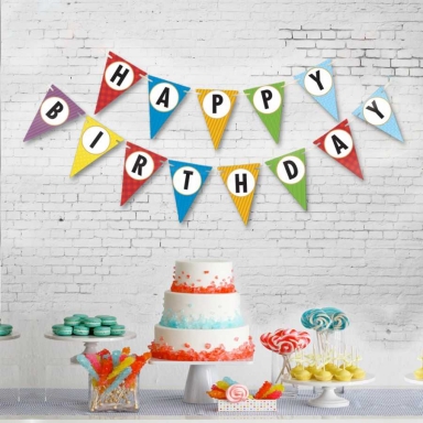 Банер гирлянд за декорация - шарени флагчета с текст Happy Birthday, 2,50 м дължина