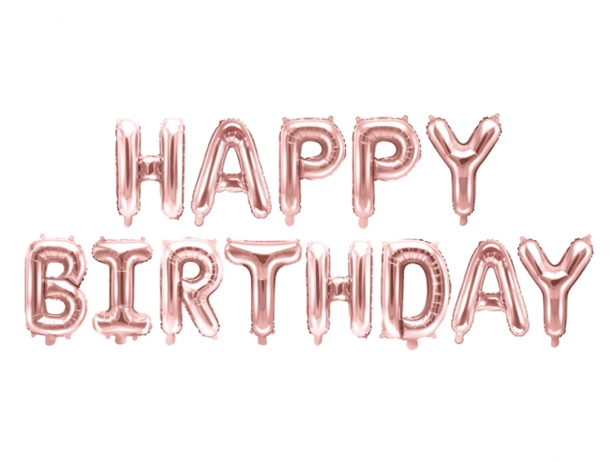 Надпис от фолиеви балони Happy Birthday, цвят розово злато 340х35 /Pd/