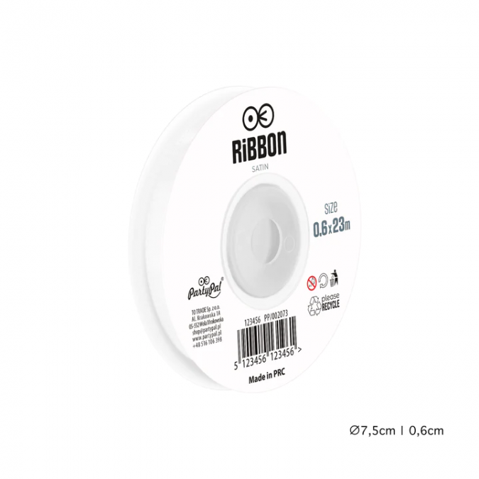 Сатенена лента, цвят бял, 0,6х23м /Pp/