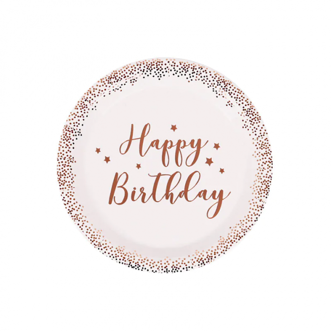 Хартиена чинийка Happy Birthday, в розово злато, 10бр. в пакет /Km/