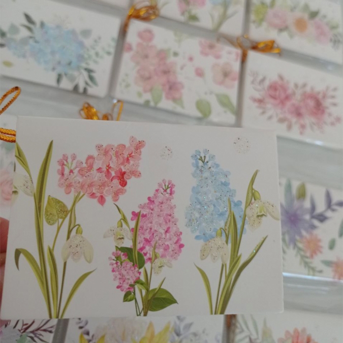 Мини поздравителна картичка, Цветя с брокат, 9x6см, различни стилове /Tr/