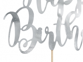 Декорация за торта с текст Happy Birthday в огледално сребърно, 22,5см /Pd/