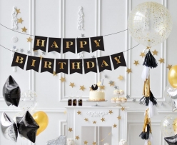 Банер гирлянд Happy Birthday, цвят черен със златни  букви /Gd/