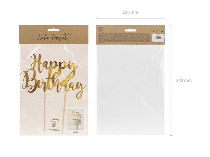 Декорация за торта с текст Happy Birthday в огледално златно, 22,5см /Pd/