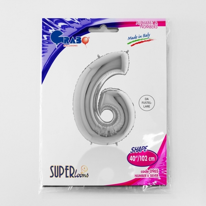 Фолиев балон цифра 6, цвят сребро, 102см Grabo Италия