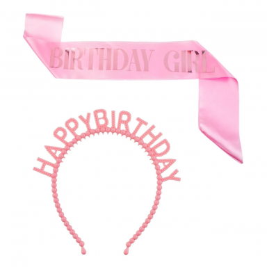 Парти комплект сатенена лента и диадема с надпис Birthday Girl в розово /Mb/