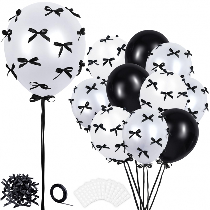 Комплект 41 бр. балони в черно, бяло и шампанско с панделки /Pe/