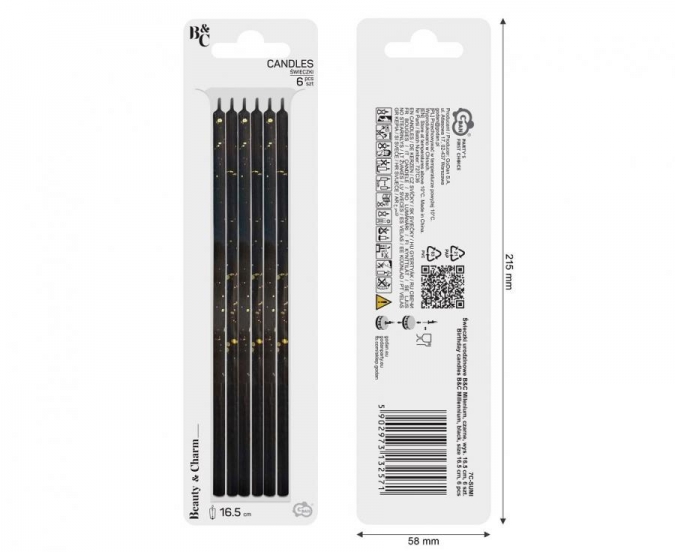 Свещички, черни с брокат, 6 бр. в опаковка /Gd/