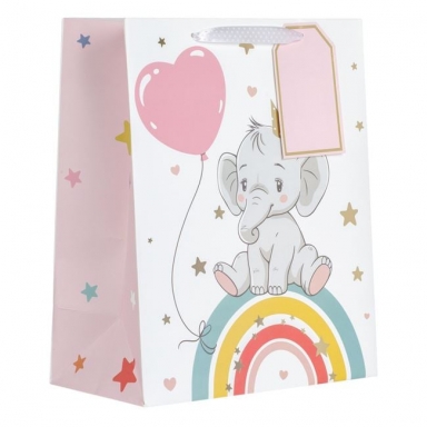 Подаръчна торбчка в розово, слонче и дъга, златисто фолио, 26x14.5x32см /Mb/