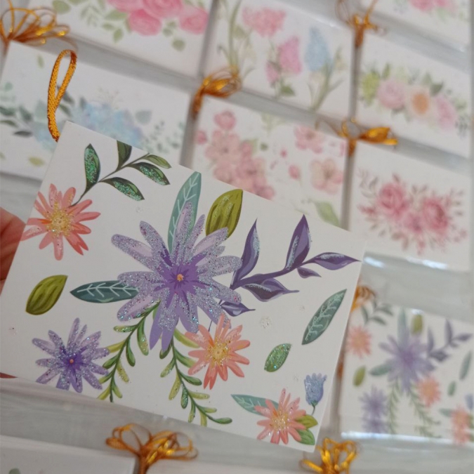 Мини поздравителна картичка, Цветя с брокат, 9x6см, различни стилове /Tr/