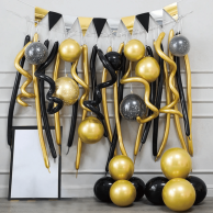 Комплект за декорация с балони тип арка, 34 бр. в златно и черно хром с включени флагчета /Pp/