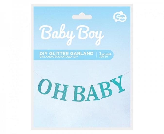 Банер гирлянд за декорация с текст Oh Baby / Бебе момче, 3,00 м. дължина, цвят син брокат /Gd/